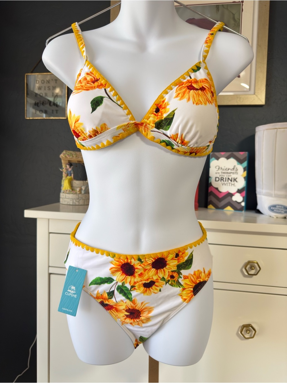 Cupshe White Bikini Set with Yellow Sunflower Print